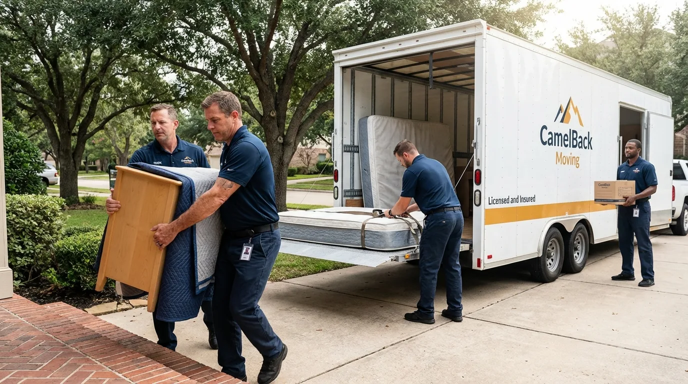 Crew loading residential truck for cross-state move from Aspermont, TX