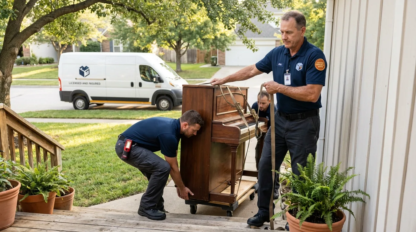 Licensed piano movers securing grand piano in Aspermont, TX