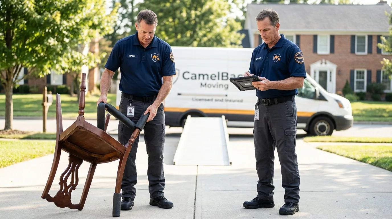 Movers inspecting furniture for damage prevention before loading in Aspermont, TX